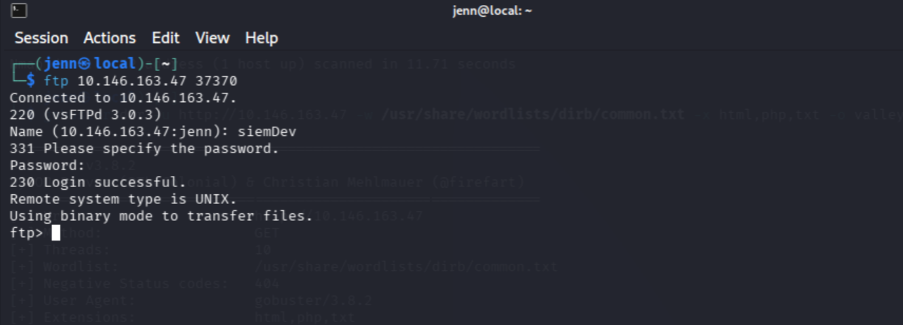 FTP login as siemDev showing three pcap files